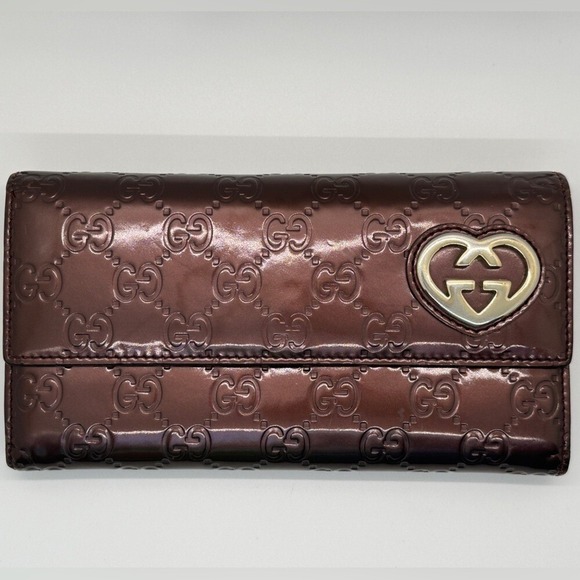 Gucci Handbags - Gucci Guccissima Heart Brown Leather Patent Leather Flap Tri-Fold